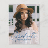 Modern Blue Script Photo Graduation Party Uitnodiging Briefkaart (Voorkant)