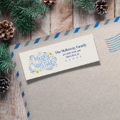 Modern Blue Script Vrolijk kerstretouradres Etiket