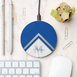 Modern Blue Silver Chevron Marble Monogrammed