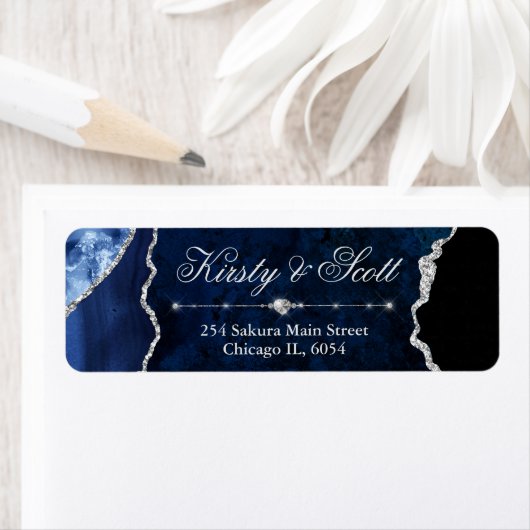 Modern Blue & Silver Faux Glitter Agate Wedding Etiket (Insitu)