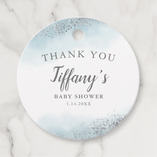 Modern Blue Silver Glitter Baby shower Bedankjes Labels (Voorkant)