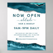 Modern Blue Silver Glitter Hair Salon Open Sign Poster (Voorkant)