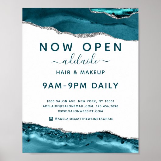 Modern Blue Silver Glitter Hair Salon Open Sign Poster (Voorkant)