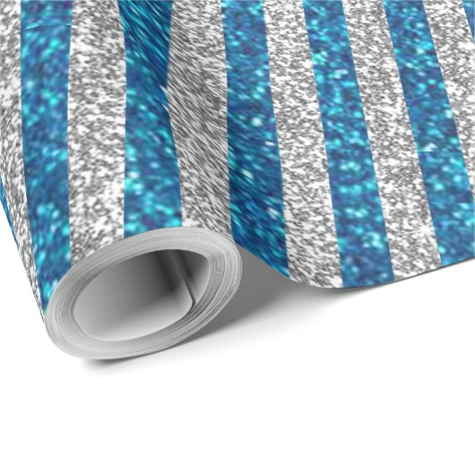 Modern Blue Silver Glitter Stripes Patroon Cadeaupapier (Rol Hoek)