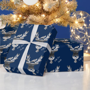 Modern Blue Silver Grey Reindeer Cute Kerstmis Cadeaupapier