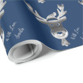 Modern Blue Silver Grey Reindeer Cute Kerstmis Cadeaupapier (Rol Hoek)