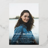 Modern Blue Silver Photo 16th Birthday Folie Uitnodiging (Voorkant)