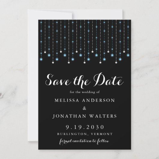 Modern Blue Silver Stars String Lights Wedding Save The Date (Voorkant)