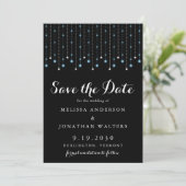 Modern Blue Silver Stars String Lights Wedding Save The Date (Staand voorkant)
