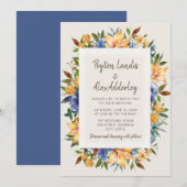 Modern Blue Sinaasappel Tan Floral Wedding Kaart (Voorkant / Achterkant)
