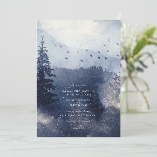 Modern Blue Snow Frosted Forest met vogelweddensch Kaart (Staand voorkant)