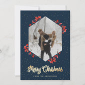 Modern Blue Snow Red Berries Fotokerstfeest Feestdagenkaart (Voorkant)