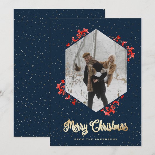 Modern Blue Snow Red Berries Fotokerstfeest Feestdagenkaart (Voorkant / Achterkant)