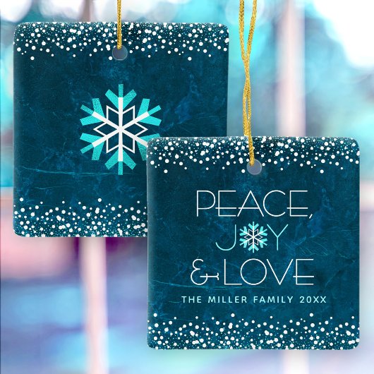 Modern Blue Snowflake Peace Joy Love Custom Name Keramisch Ornament