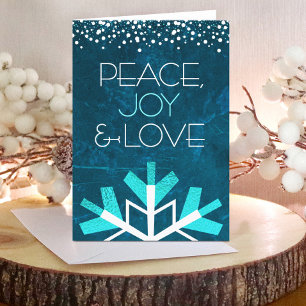 Modern Blue Snowflake Peace Joy Love Typografie Feestdagen Kaart