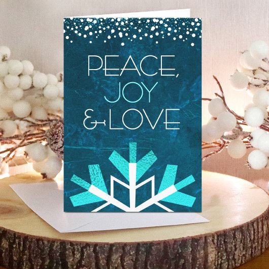 Modern Blue Snowflake Peace Joy Love Typografie Feestdagen Kaart