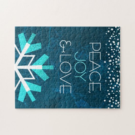 Modern Blue Snowflake Peace Joy Love Typografie Legpuzzel (Horizontaal)