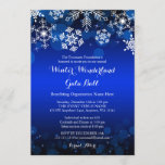 Modern Blue Snowflake Winter Gala Ball Kaart<br><div class="desc">Formele winter vraagt zich af hoe de gala ball fundraiser-uitnodigingen worden genoemd. Met witte sneeuwvlokken op een zwarte en koninklijke blauwe achtergrond.</div>