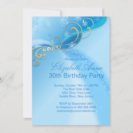 Modern Blue Snowflakes Winter Birthday Party Kaart (Voorkant)