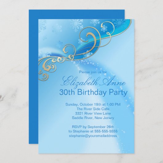 Modern Blue Snowflakes Winter Birthday Party Kaart (Voorkant / Achterkant)
