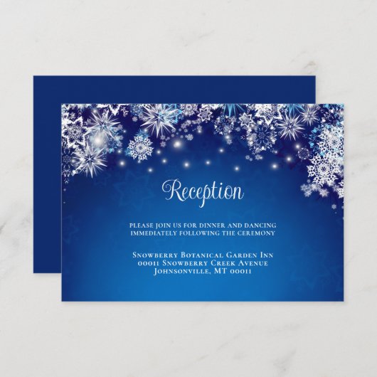 Modern Blue Sparkle Snowflake Wedding Informatiekaartje (Voorkant / Achterkant)