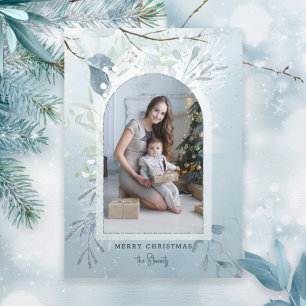 Modern Blue Sparkly Winter Botanical Arch Foto Drieluik Kaart