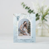 Modern Blue Sparkly Winter Botanical Arch Foto Feestdagenkaart (Staand voorkant)