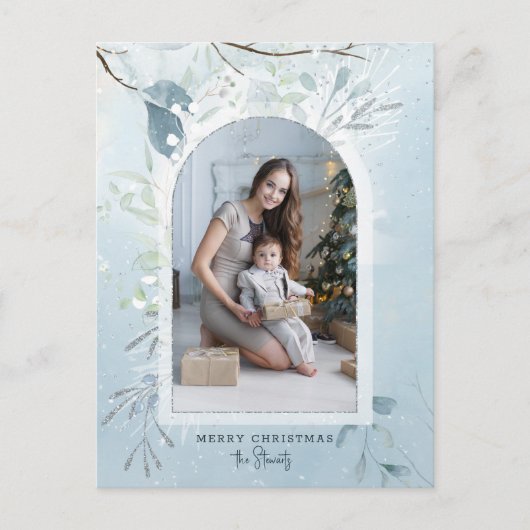 Modern Blue Sparkly Winter Botanical Arch Foto Feestdagenkaart (Voorkant)