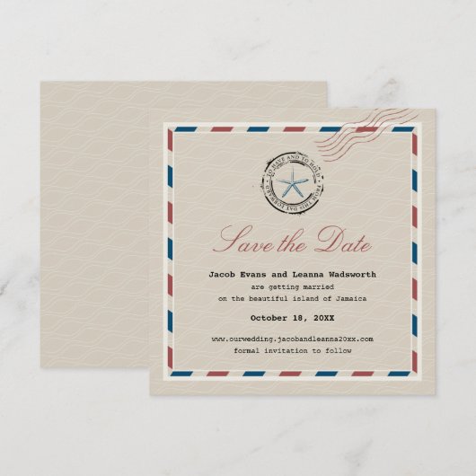 Modern Blue Starfish Antiek Airmail Save the Date (Voorkant / Achterkant)