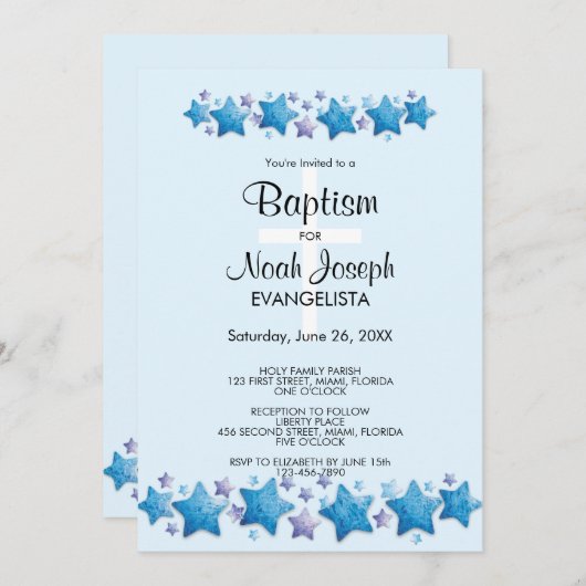 Modern Blue Stars BAPTISM Event Uitnodiging (Voorkant / Achterkant)