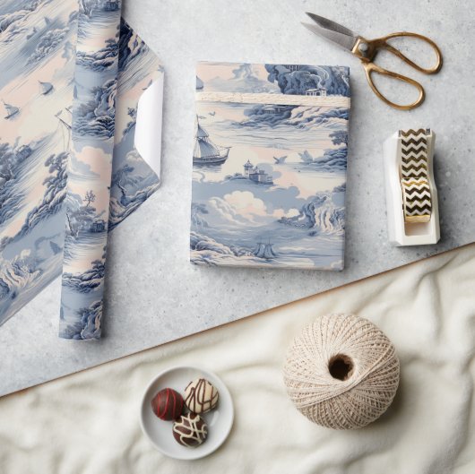 Modern Blue Stom Ocean Zee Toile de Jouy Pattern Cadeaupapier (Crafts)