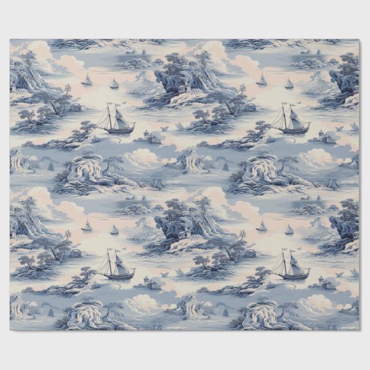 Modern Blue Stom Ocean Zee Toile de Jouy Pattern Cadeaupapier (Vlak)