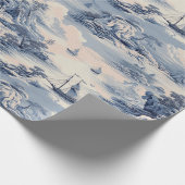 Modern Blue Stom Ocean Zee Toile de Jouy Pattern Cadeaupapier (Hoek)