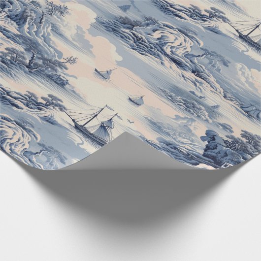 Modern Blue Stom Ocean Zee Toile de Jouy Pattern Cadeaupapier (Hoek)
