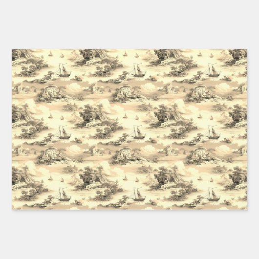 Modern Blue Stom Ocean Zee Toile de Jouy Pattern Inpakpapier Vel (Voorkant 3)