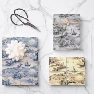 Modern Blue Stom Ocean Zee Toile de Jouy Pattern Inpakpapier Vel