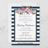 Modern Blue Stripe Floral Wedding Invitation Kaart (Voorkant)
