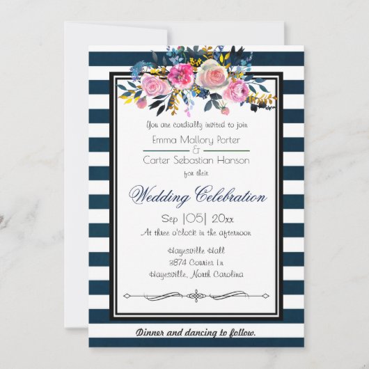 Modern Blue Stripe Floral Wedding Invitation Kaart (Voorkant)