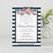 Modern Blue Stripe Floral Wedding Invitation Kaart (Staand voorkant)