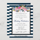 Modern Blue Stripe Floral Wedding Invitation Kaart (Voorkant / Achterkant)