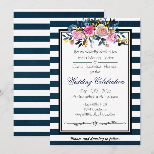 Modern Blue Stripe Floral Wedding Invitation Kaart (Voorkant / Achterkant)