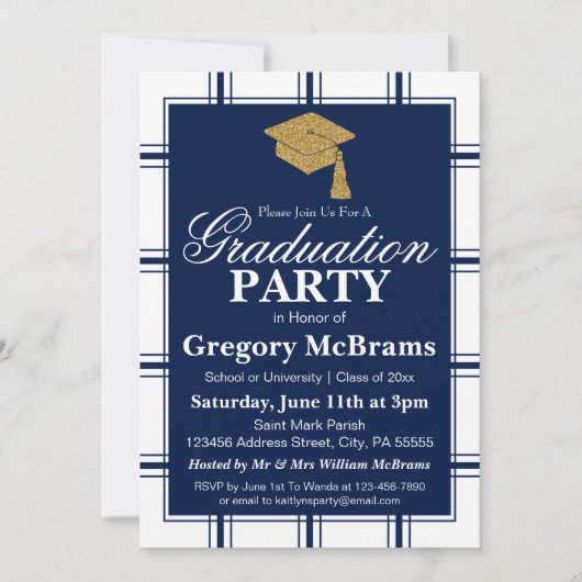 Modern Blue Stripe Graduation Party Kaart (Voorkant)