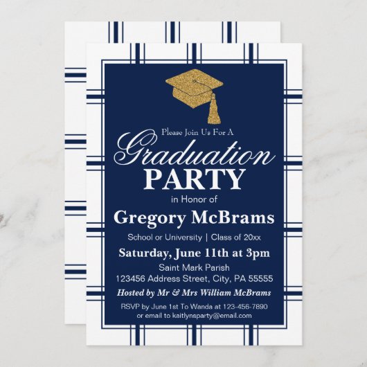 Modern Blue Stripe Graduation Party Kaart (Voorkant / Achterkant)