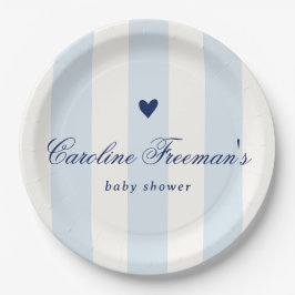 Modern Blue Stripe Heart Valentine Baby Shower Papieren Bordje