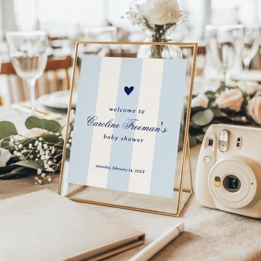 Modern Blue Stripe Heart Valentine Table Welcome Poster