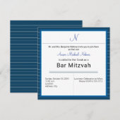 Modern Blue Stripe Monogram Bar Mitzvah Kaart (Voorkant / Achterkant)