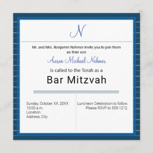 Modern Blue Stripe Monogram Bar Mitzvah Kaart