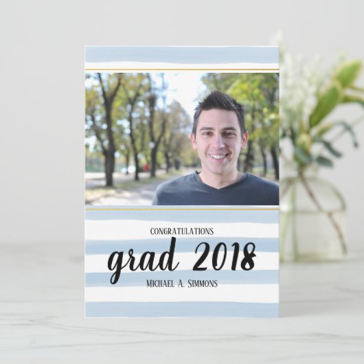 Modern Blue Striped AFSTUDEERDER Afstuderen Invita Kaart (Staand voorkant)