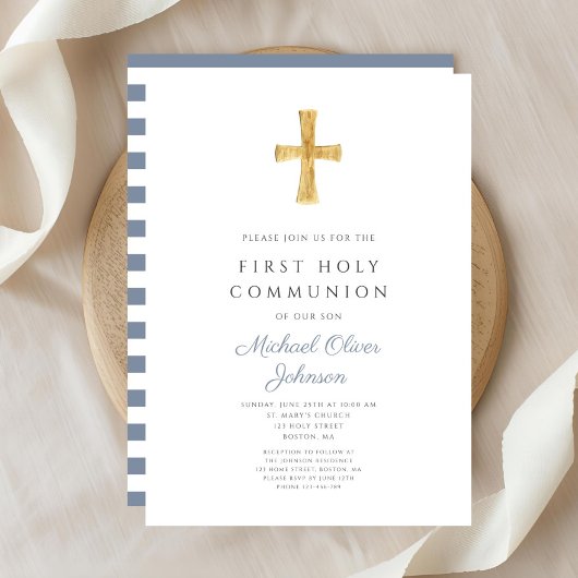 Modern Blue Stripes Cross Boy First Community Kaart