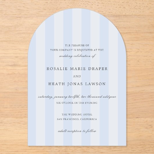Modern Blue Stripes Elegant Wedding Acryl Uitnodigingen (Voorkant)